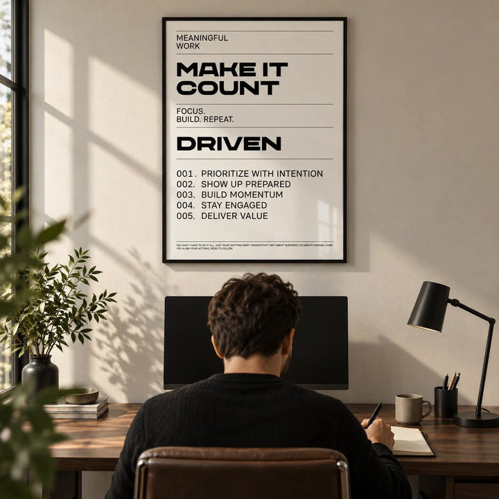 Inspiration Quotes Wall Art, framed on the wall of a focused home office