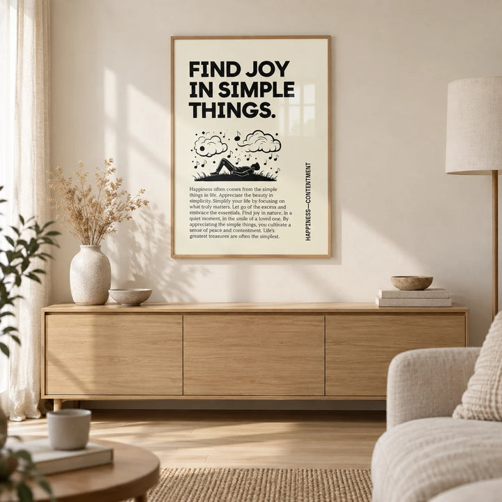 Inspirational Art Wall, framed on the wall of a calm Scandi living room with a cream wall and a pale oak floor