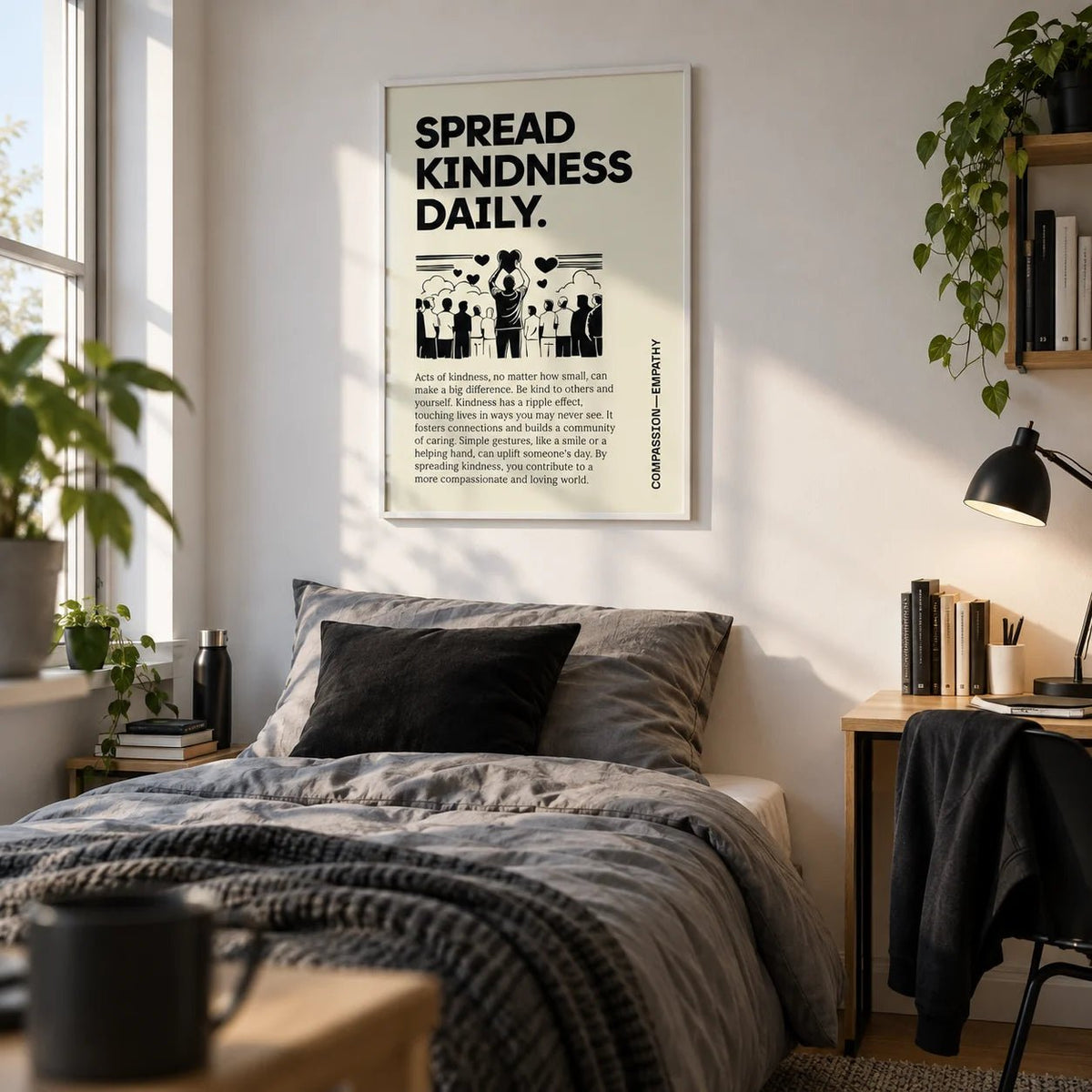 Inspirational Quotes Posters, framed on the wall of a tidy teenager's bedroom (15-17) with a white wall