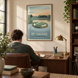 Island Green Golf Wall Art, framed on the wall of a quiet golf lover's home study with a pale cream wall and walnut furniture