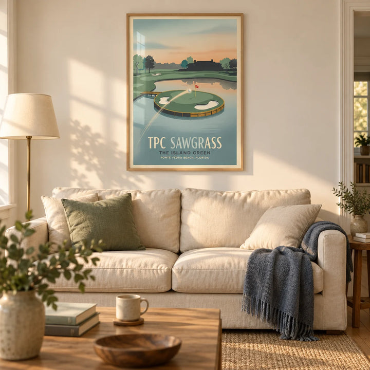Island Green Golf Wall Art, framed on the wall of a relaxed living room in a British semi-detached home with warm white walls and oak floorboards