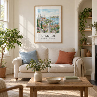 Istanbul Wall Art, framed on the wall of a calm living room in a UK Victorian terrace with warm white plaster walls