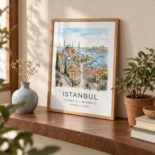 Istanbul Wall Art, a small A4 framed print leaning on a walnut shelf in a living room