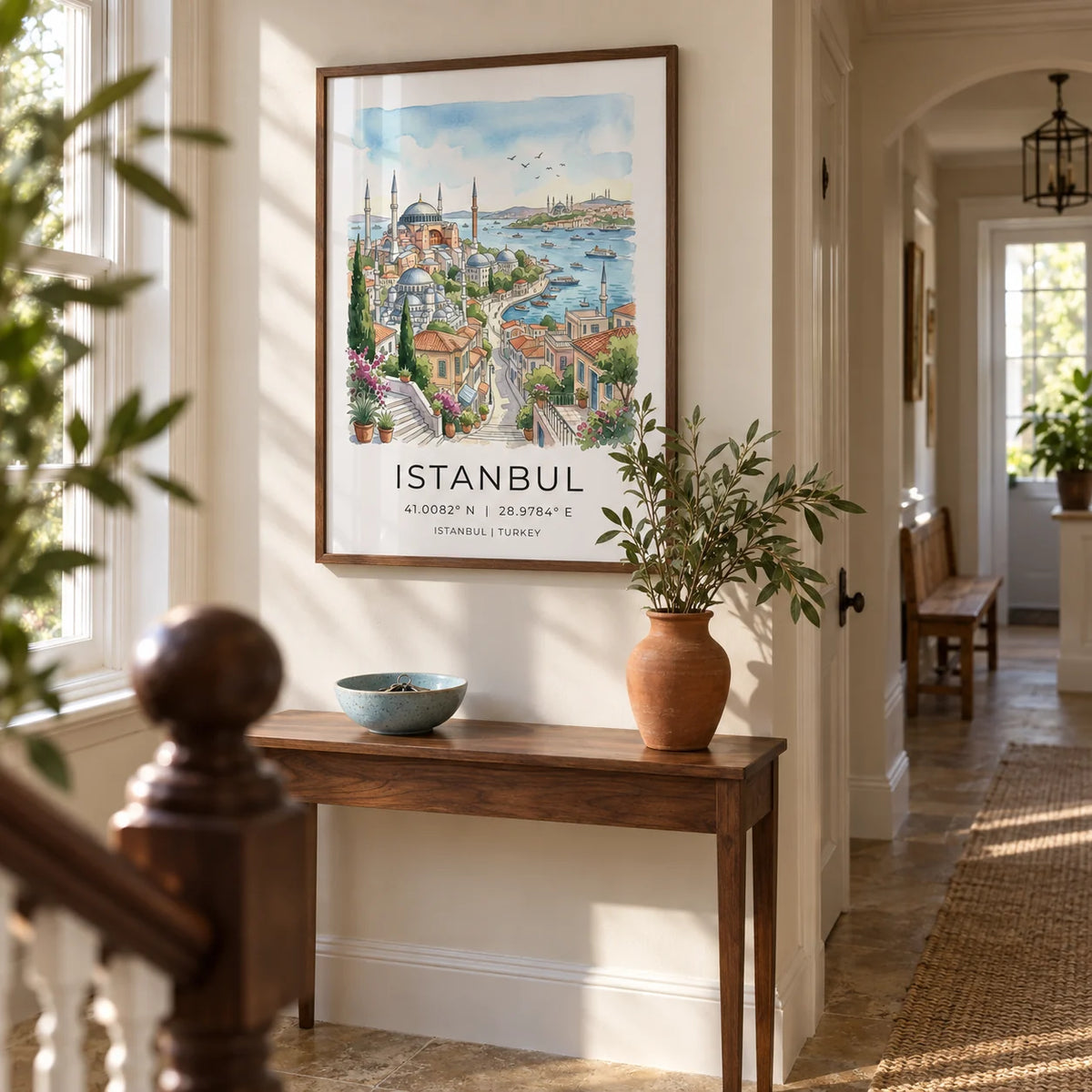 Istanbul Wall Art, framed on the wall of a welcoming hallway in a British townhouse with pale cream walls and a warm stone floor