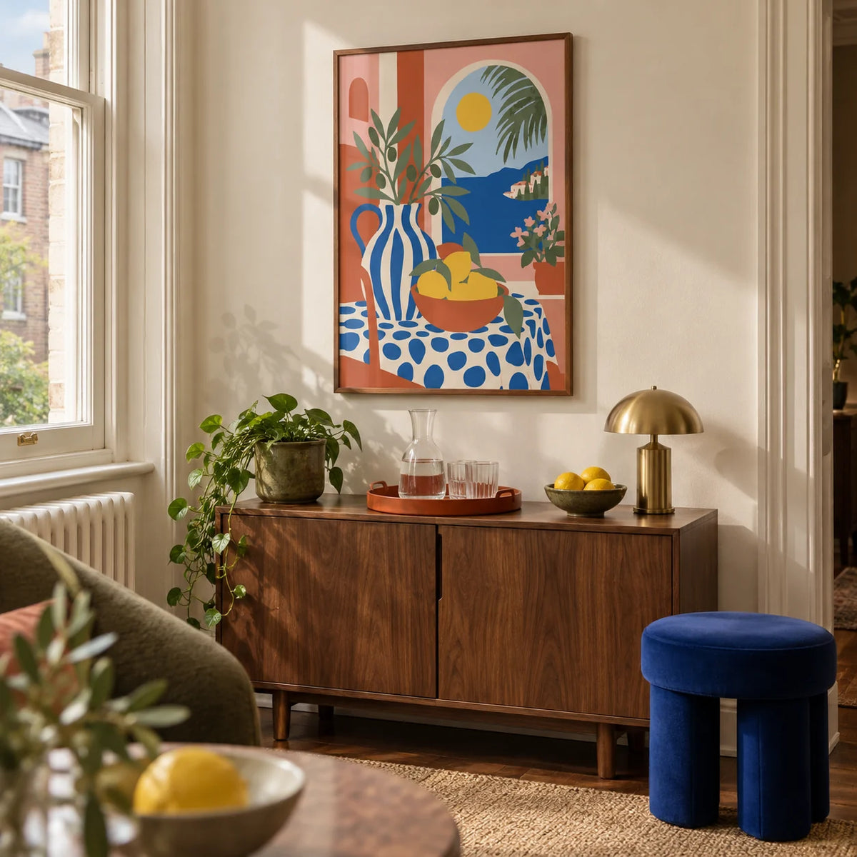 Italian Coast Print, framed on the wall of a compact home bar corner in a UK Victorian flat with cream walls and a low walnut drinks cabinet in a living room