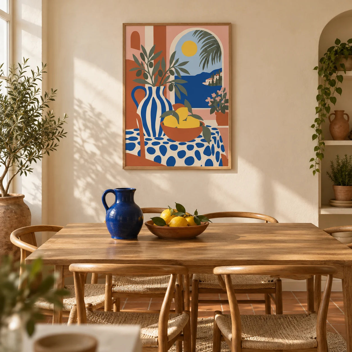 Italian Coast Print, framed on the wall of a Mediterranean-inspired dining room in a UK terraced house with warm cream plaster walls and a terracotta floor