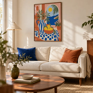 Italian Coast Print, framed on the wall of a mid-century living room in a design-conscious UK home with warm white walls and a walnut coffee table