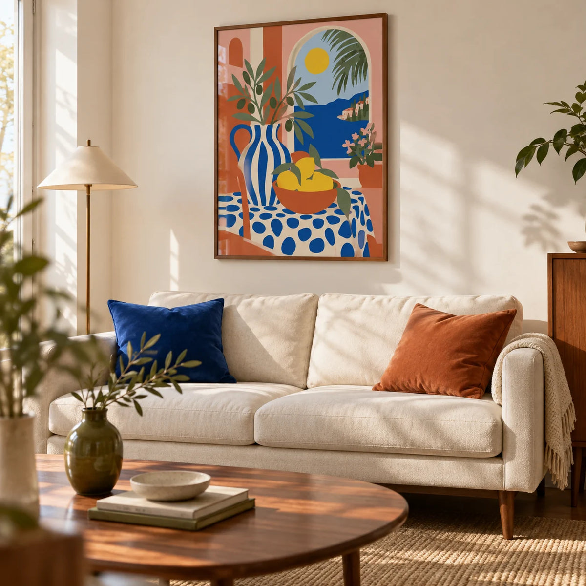 Italian Coast Print, framed on the wall of a mid-century living room in a design-conscious UK home with warm white walls and a walnut coffee table