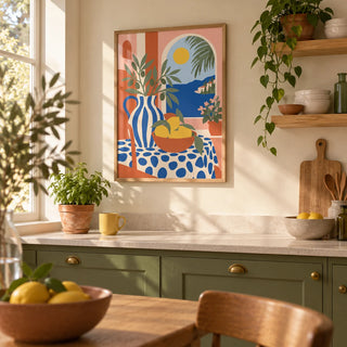 Italian Coast Print, framed on the wall of a warm modern kitchen in a UK flat with olive green cabinets