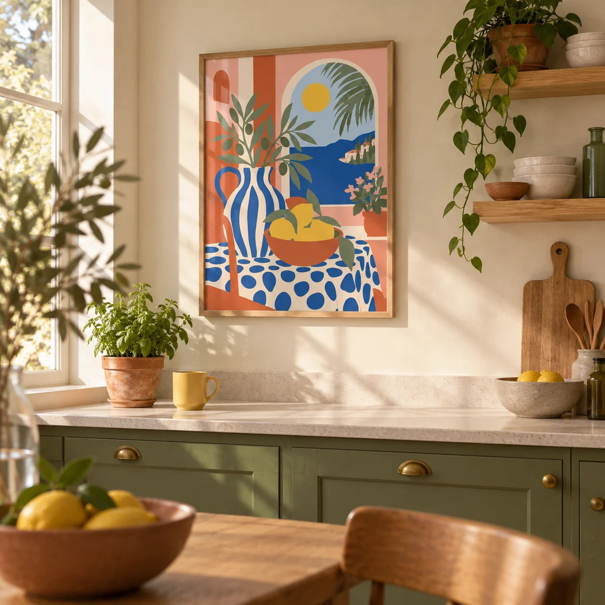 Italian Coast Print, framed on the wall of a warm modern kitchen in a UK flat with olive green cabinets