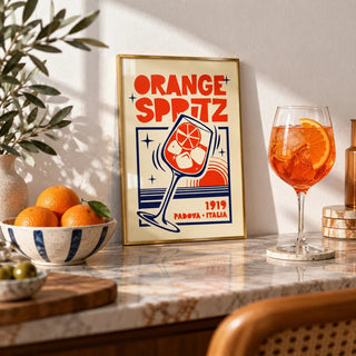 Italian Cocktail Art Print, a small A4 framed print leaning on a shelf in a living room