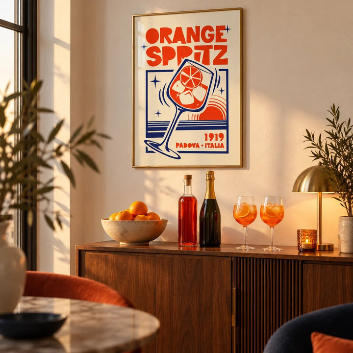 Italian Cocktail Art Print, framed on the wall of a stylish home bar corner in a living room