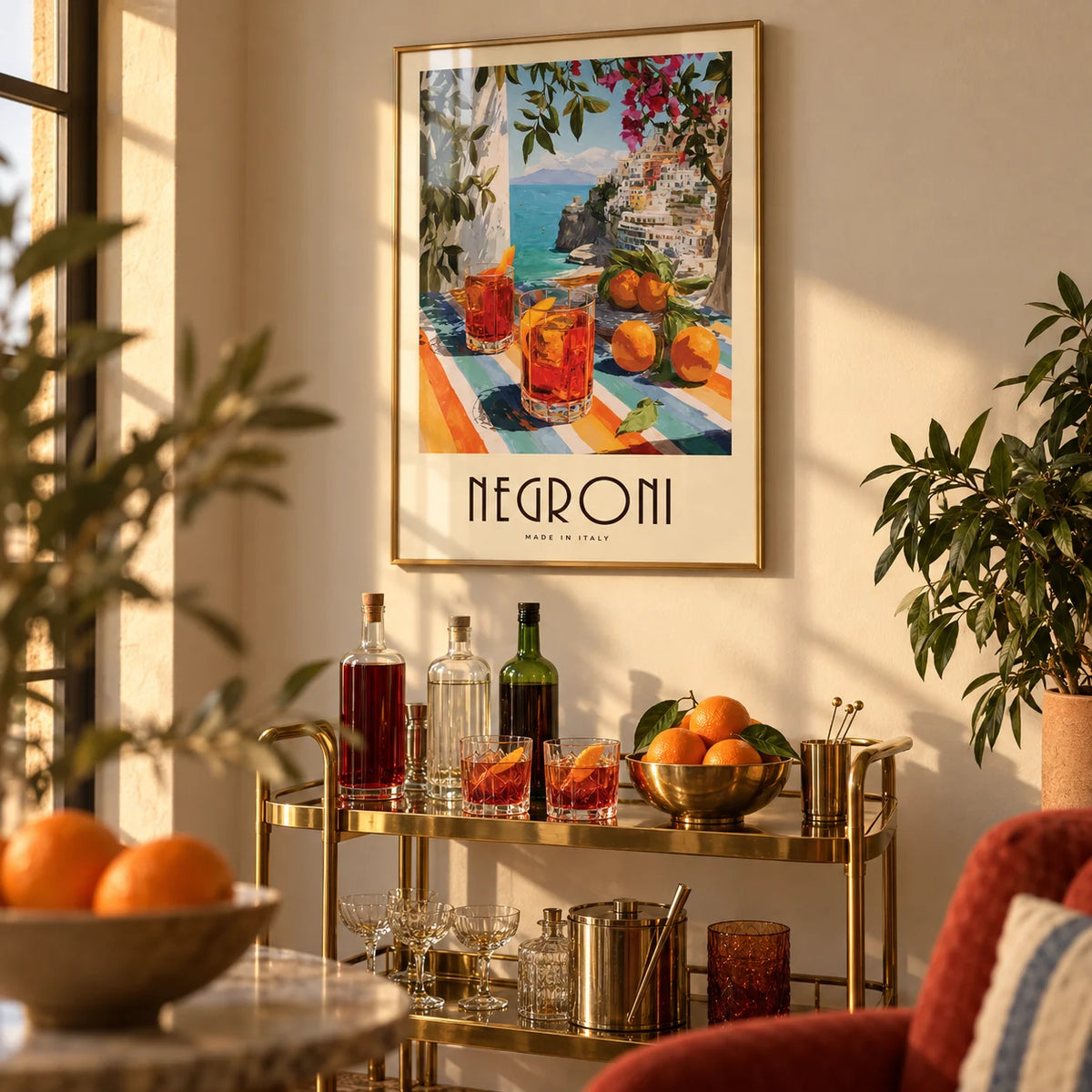 Italian Drink Posters, framed on the wall of a home bar corner