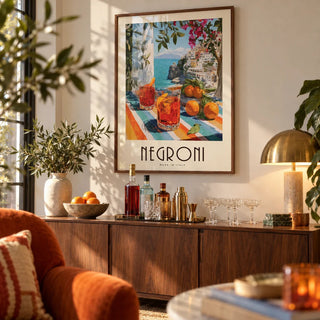 Italian Drink Posters, framed on the wall of a living room drinks cabinet