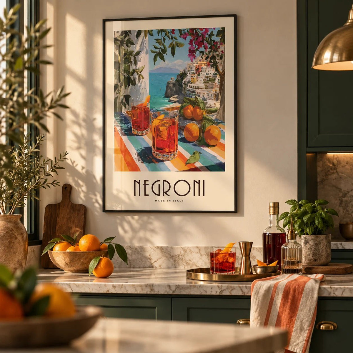 Italian Drink Posters, framed on the wall of a modern kitchen