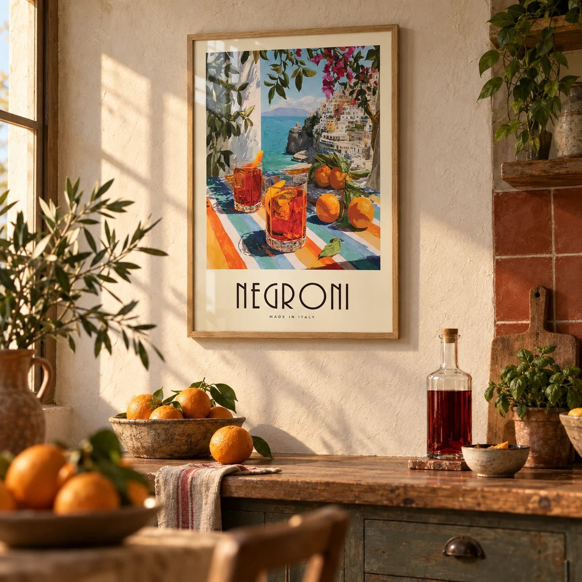 Italian Drink Posters, framed on the wall of a rustic Italian kitchen