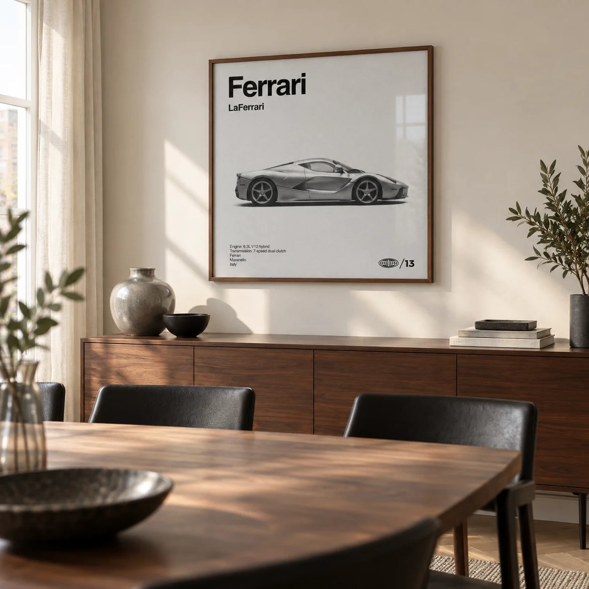 Italian Hybrid Hypercar Poster, framed on the wall of a modern dining room in a UK flat with a warm white wall