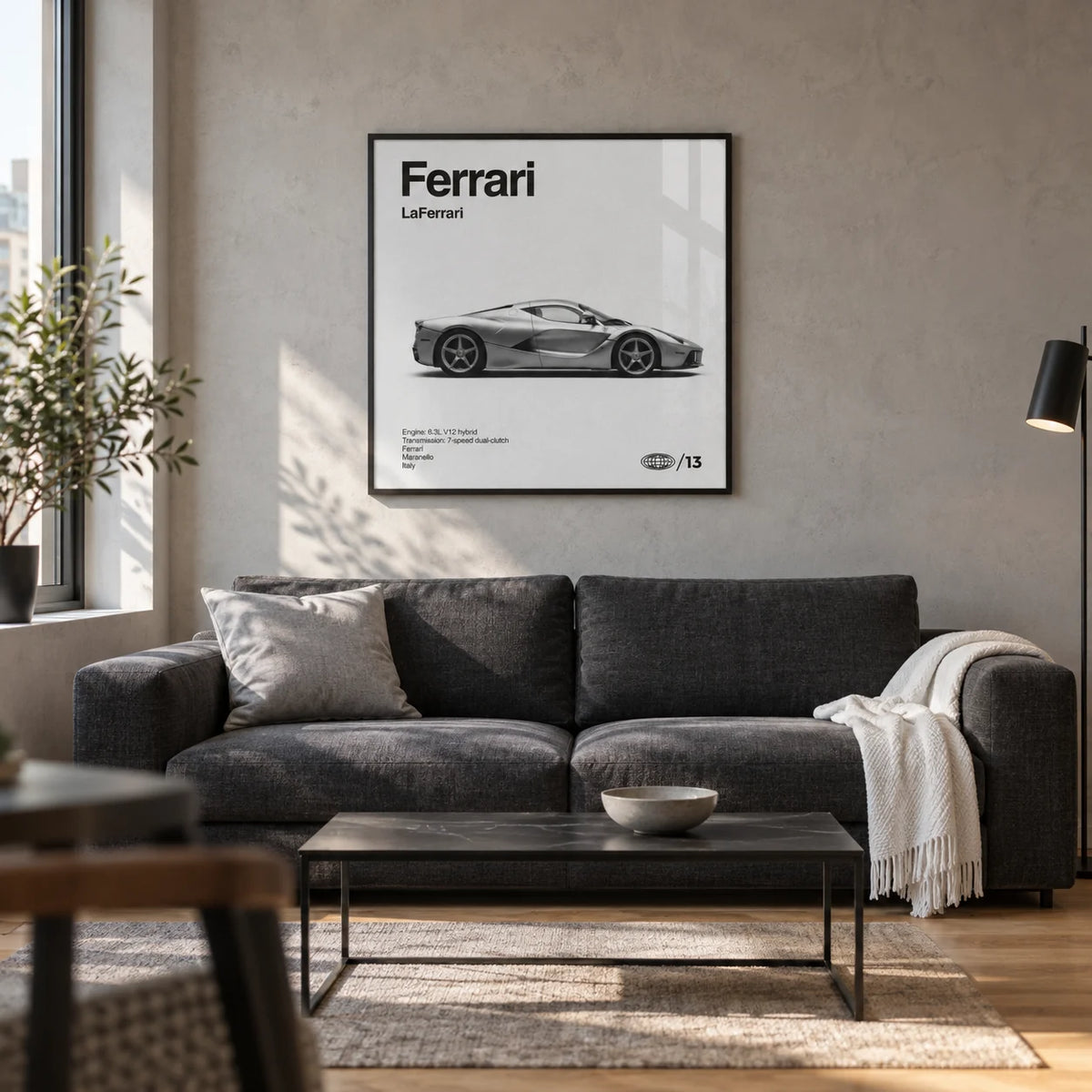 Italian Hybrid Hypercar Poster, framed on the wall of a modern living room in a UK city flat with a pale concrete-effect wall and warm oak flooring