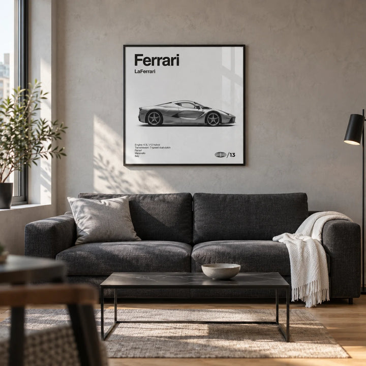 Italian Hybrid Hypercar Poster, framed on the wall of a modern living room in a UK city flat with a pale concrete-effect wall and warm oak flooring