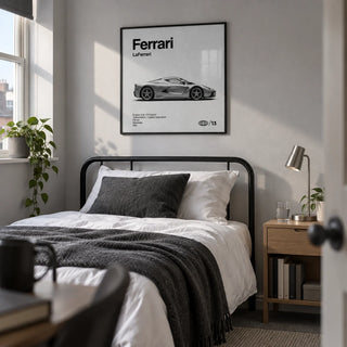Italian Hybrid Hypercar Poster, framed on the wall of a young adult's single bedroom (18-24) in a UK shared house with a pale grey wall