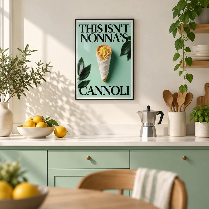 Italian Kitchen Art, framed on the wall of a modern kitchen with plain mint green units and a white worktop