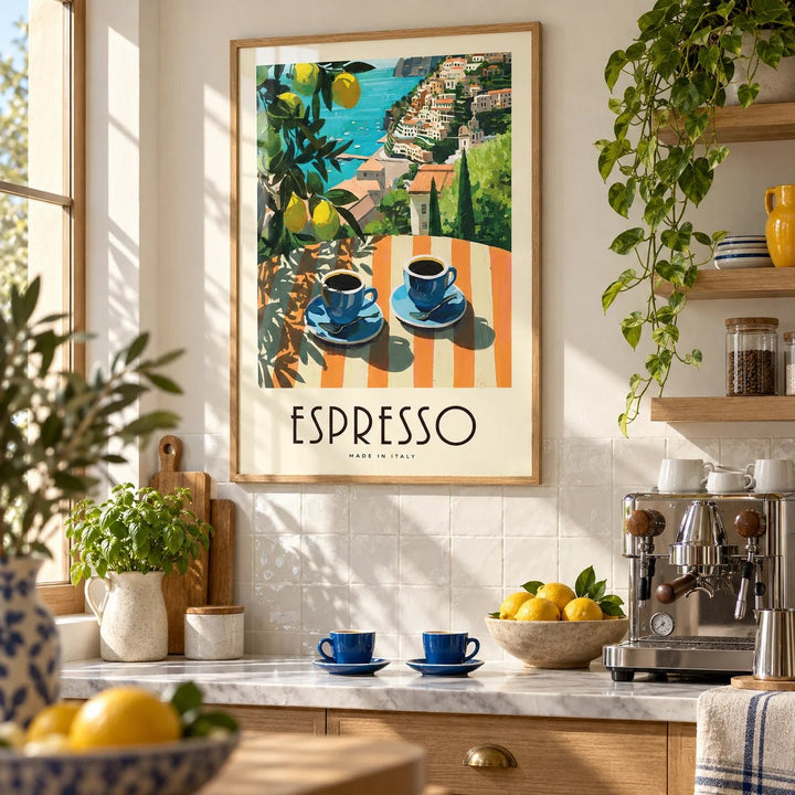 Italian Kitchen Painting, framed on the wall of a bright kitchen coffee corner