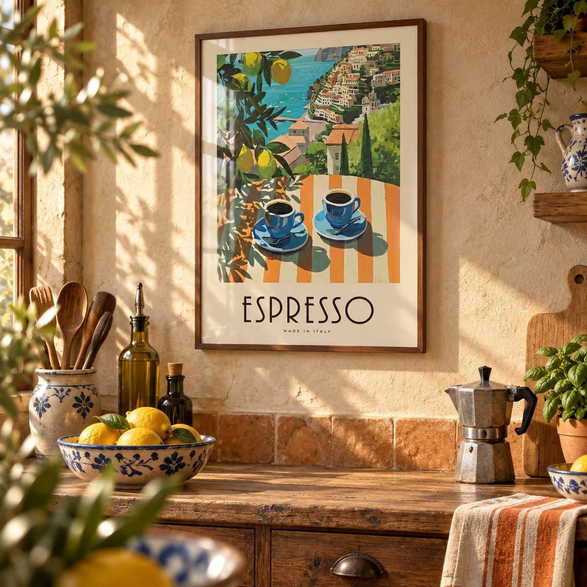 Italian Kitchen Painting, framed on the wall of a rustic Italian kitchen