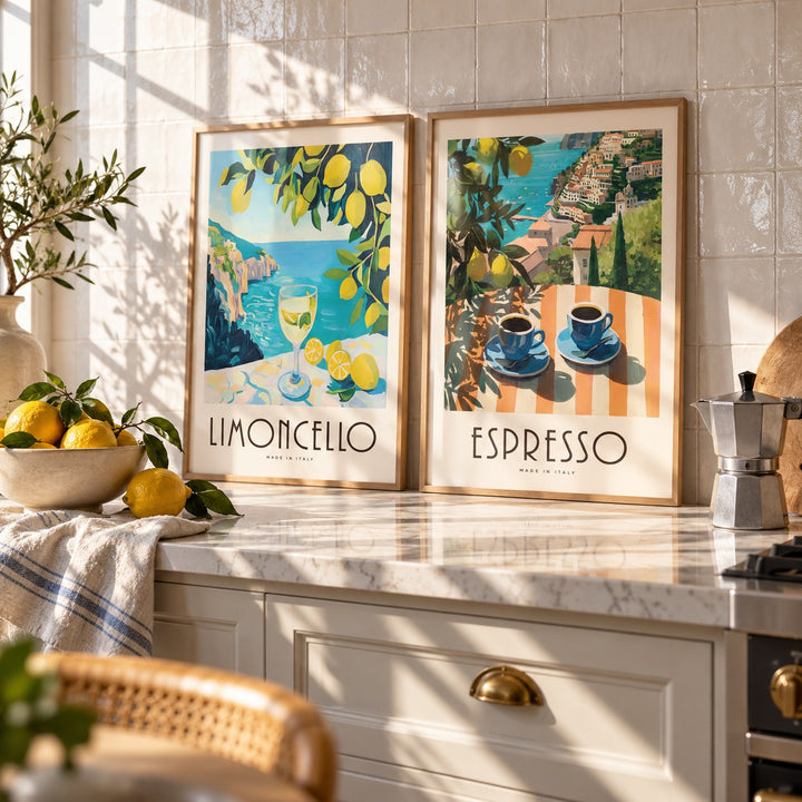 Italian Kitchen Prints Set of 2 styled on a marble kitchen worktop against white zellige tiles: Amalfi Limoncello and Amalfi Espresso shown framed side by side (frames not included)