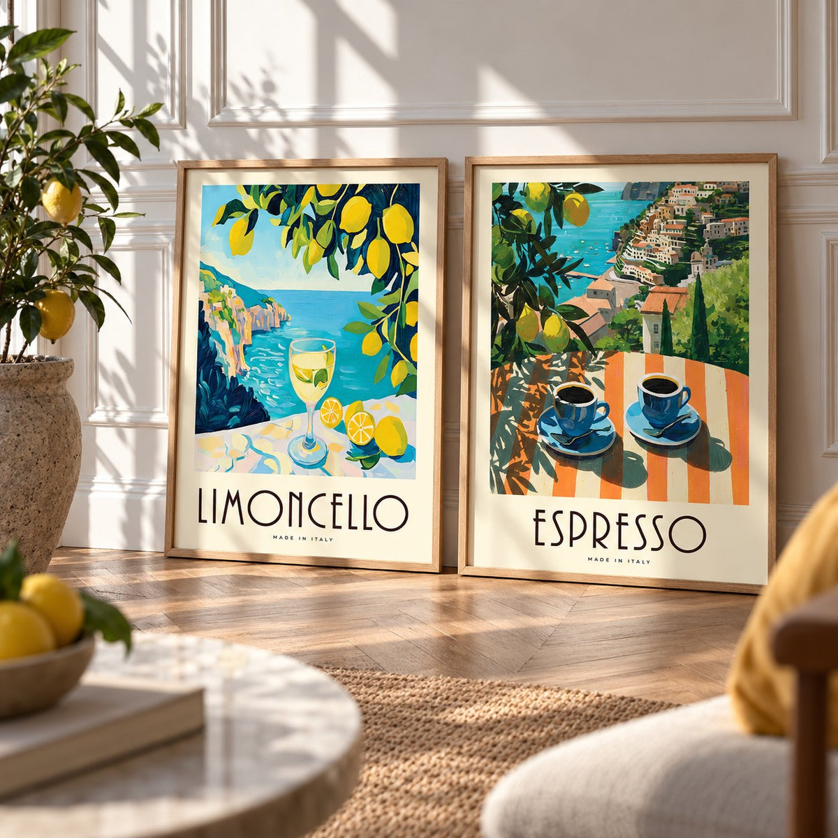 Italian Kitchen Prints Set of 2 styled leaning against a white panelled wall on herringbone parquet: Amalfi Limoncello and Amalfi Espresso shown framed side by side (frames not included)