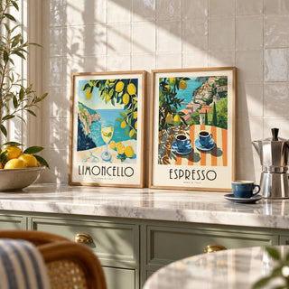 Italian Kitchen Prints Set of 2 styled as small A4 prints on a shelf, to show the gift size: Amalfi Limoncello and Amalfi Espresso shown framed side by side (frames not included)