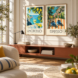 Italian Kitchen Prints Set of 2 styled above a terracotta credenza in a warm minimal room: Amalfi Limoncello and Amalfi Espresso shown framed side by side (frames not included)