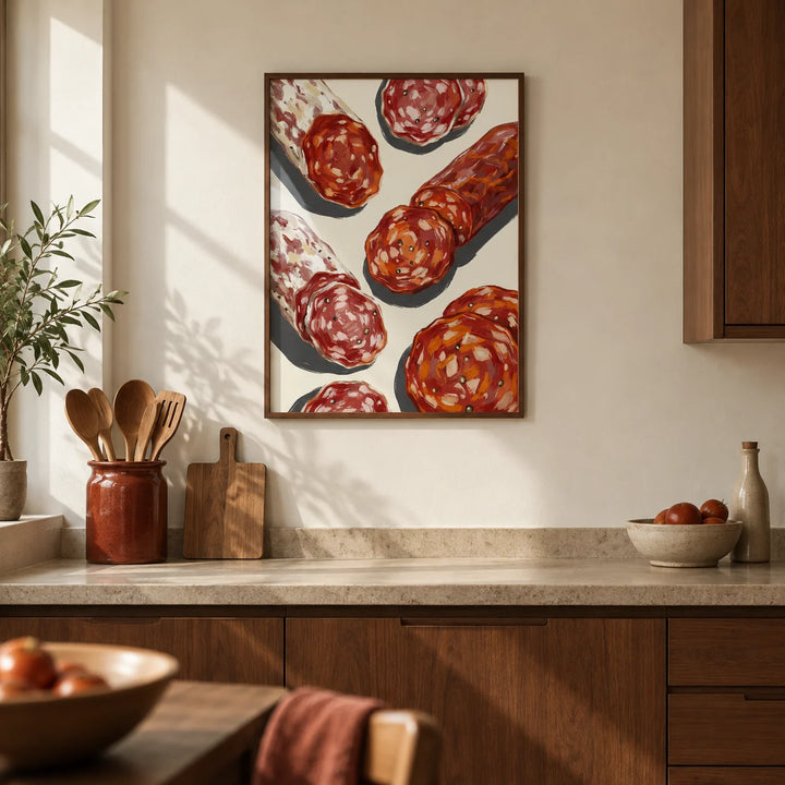 Italian Salami Print, framed on the wall of a contemporary kitchen in a UK city flat with walnut cabinets