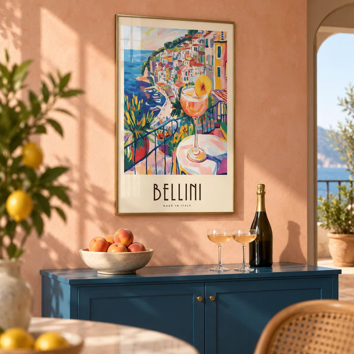 Italian Style Cocktail Wall Art, framed on the wall of a Italian Riviera style home bar with a soft peach limewashed wall