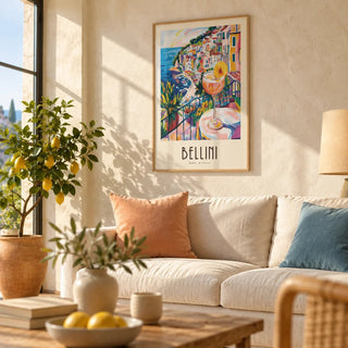 Italian Style Cocktail Wall Art, framed on the wall of a sunny Mediterranean living room with a limewashed plaster wall