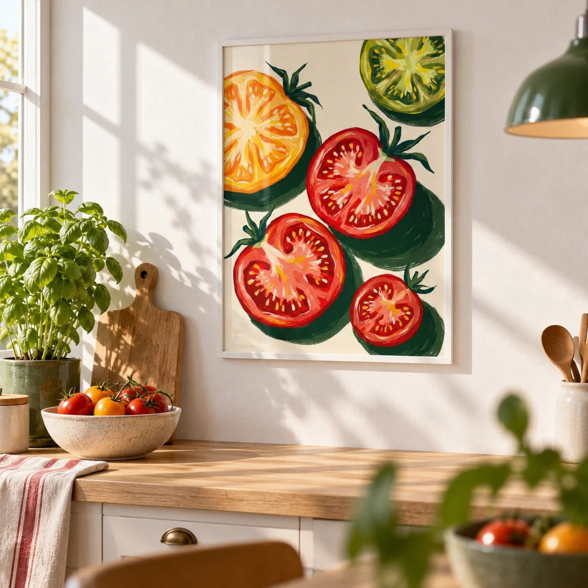 Italian Tomatoes Print, framed on the wall of a bright kitchen