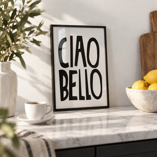 Italian Wall Art, a small A4 framed print leaning on a white marble kitchen shelf