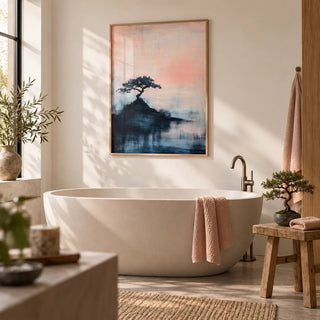 Japanese Abstract Art, framed on the wall of a calm spa-like bathroom