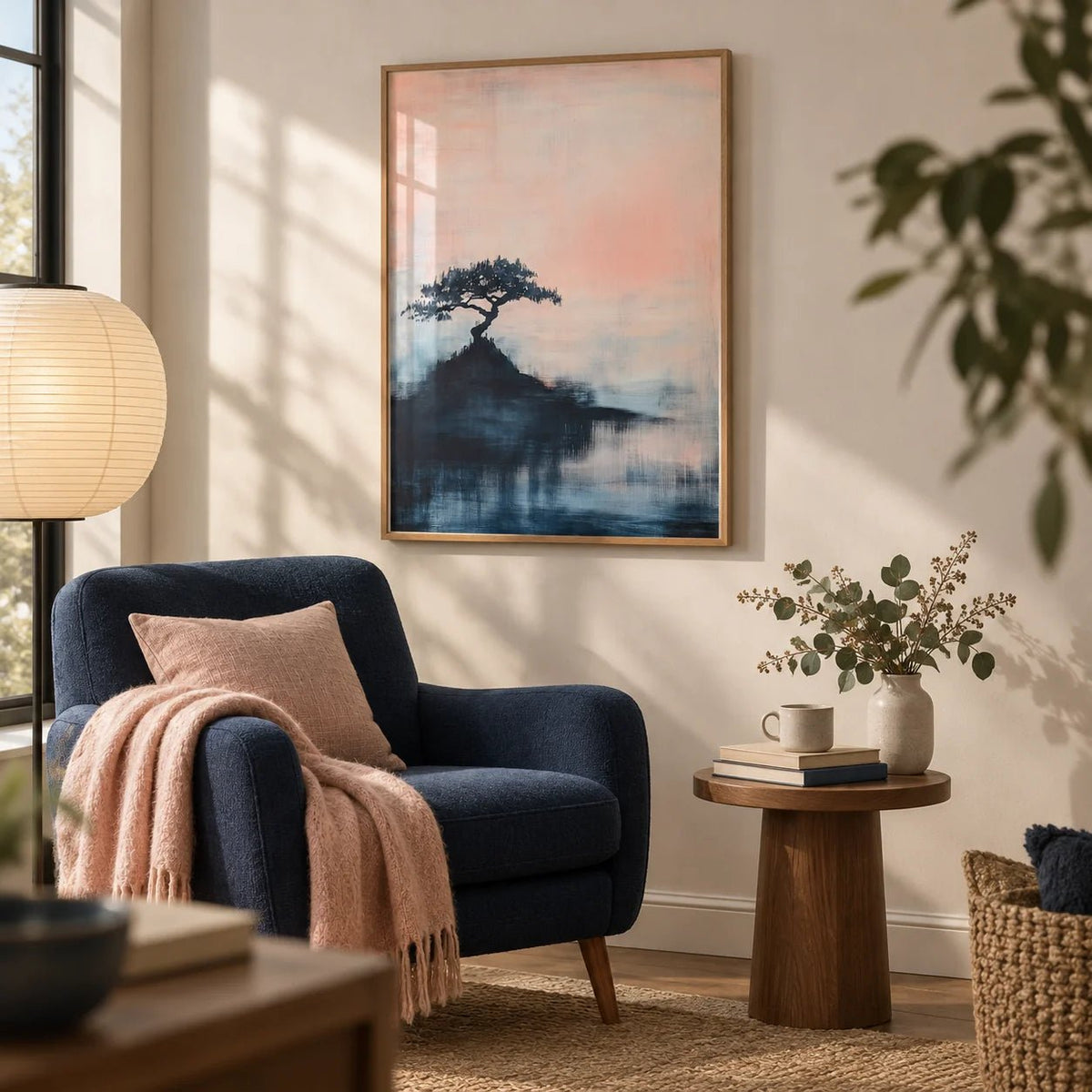 Japanese Abstract Art, framed on the wall of a quiet reading corner in a living room