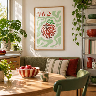 Japanese Apple Print hung above a breakfast nook in a city apartment kitchen (frame not included)