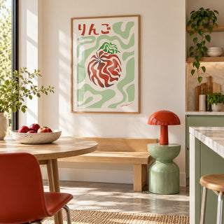 Japanese Apple Print hung above a breakfast bench in a colourful minimalist kitchen (frame not included)