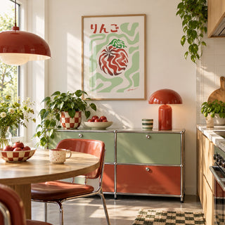 Japanese Apple Print hung above a retro sideboard in a kitchen dining area (frame not included)