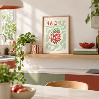 Japanese Apple Print in the small A4 size, leaning on a kitchen shelf (frame not included)
