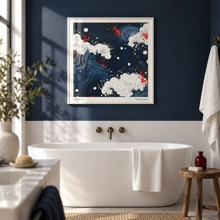 Japanese Art, framed on the wall of a calm modern bathroom with a navy painted wall and plain white tiles
