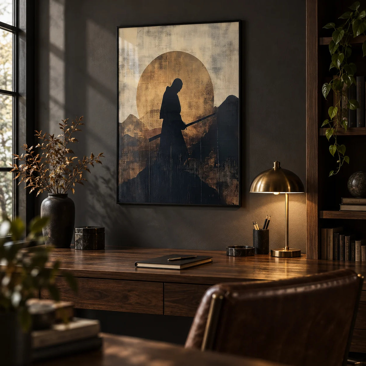 Japanese Art for Sale, framed on the wall of a moody study with a dark grey wall
