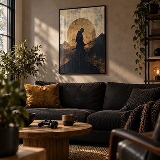 Japanese Art for Sale, framed on the wall of a relaxed games room in a living room