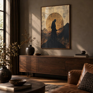 Japanese Art for Sale, framed on the wall of a warm, dark living room