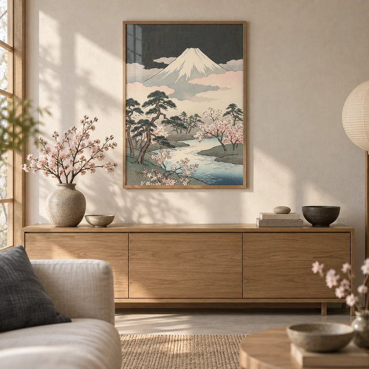 Japanese Art Mountains, framed on the wall of a calm Japandi living room
