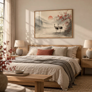 Japanese Art Poster, framed on the wall of a calm bedroom