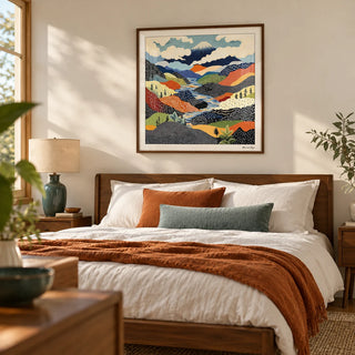 Japanese Art Prints, framed on the wall of a calm mid-century bedroom with a soft cream wall