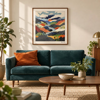 Japanese Art Prints, framed on the wall of a mid-century modern living room with a warm white wall and an oak floor